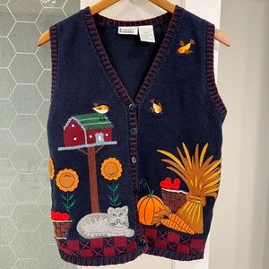 Capacity Red & Orange Cat & Bird Embroidered Fall Sweater Vest Size Small Ramie